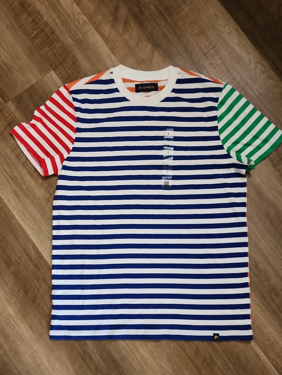 Piombo Other - Piombo Blue & White Striped Tee with Red and Green Sleeves